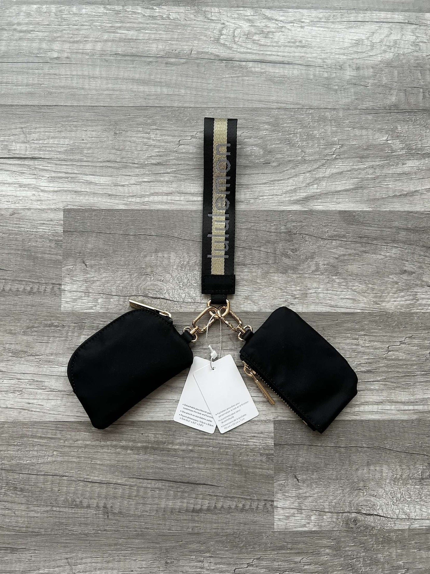 Lululemon Dual Pouch Wristlet Black and Gold Wordmark New With Tags
