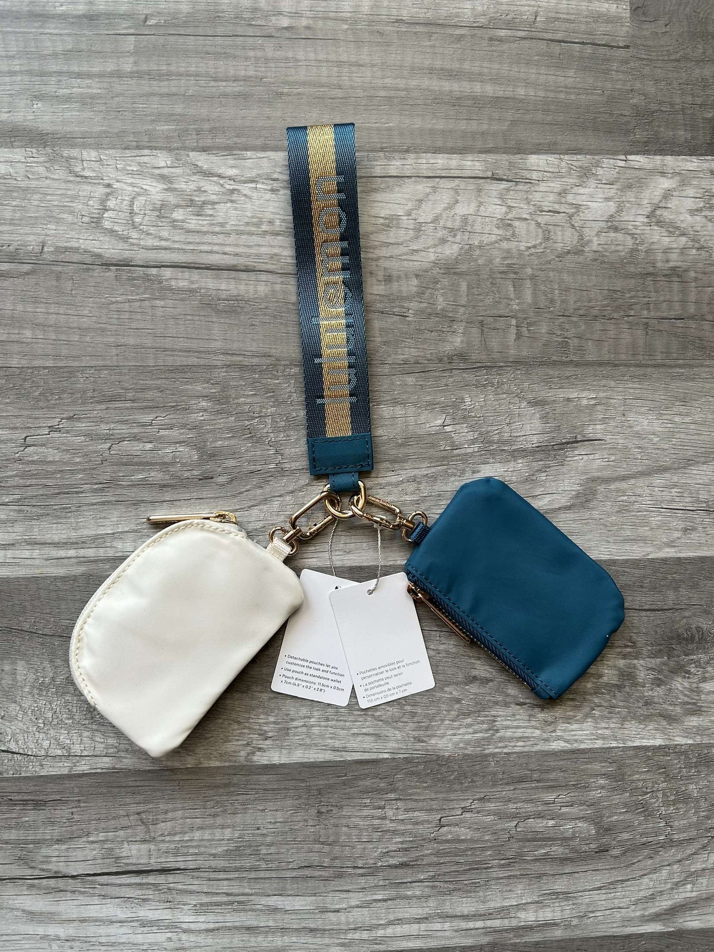 Lululemon Dual Pouch Wristlet Blue and White Gold Wordmark New With Tags