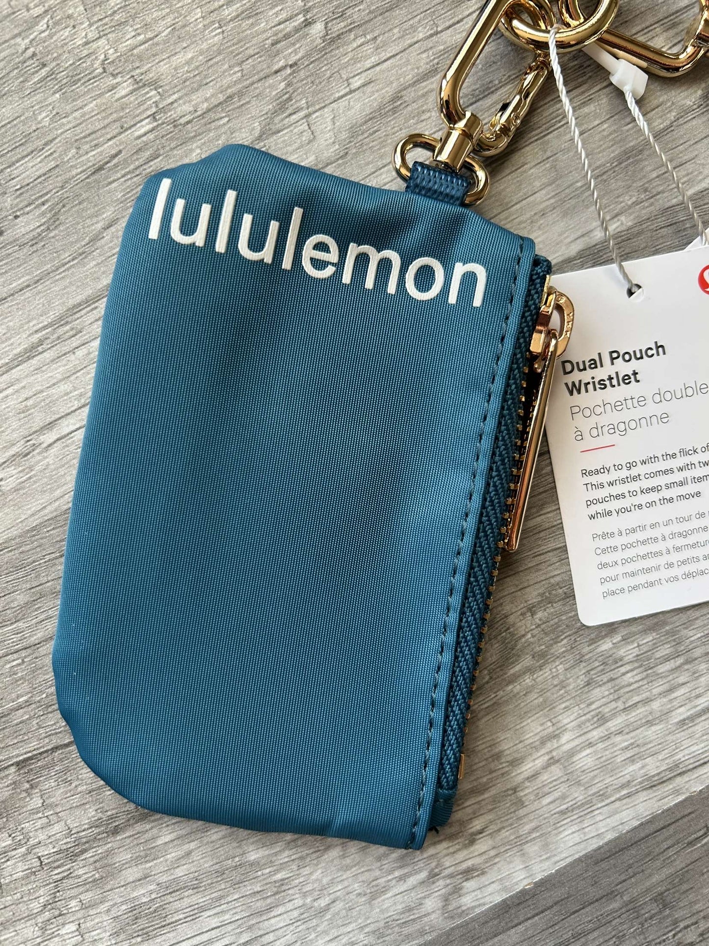 Lululemon Dual Pouch Wristlet Blue and White Gold Wordmark New With Tags