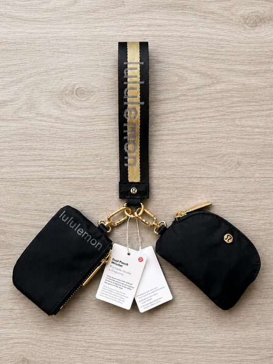 Lululemon Dual Pouch Wristlet Keychain Wallet Black and Gold Wordmark New With Tags