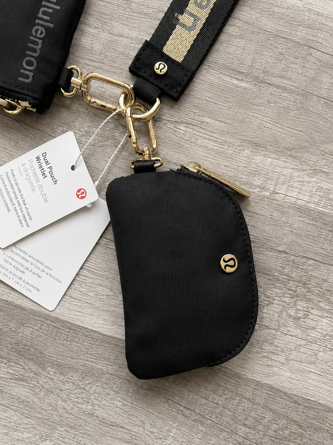Lululemon Dual Pouch Wristlet Keychain Wallet Black and Gold Wordmark New With Tags