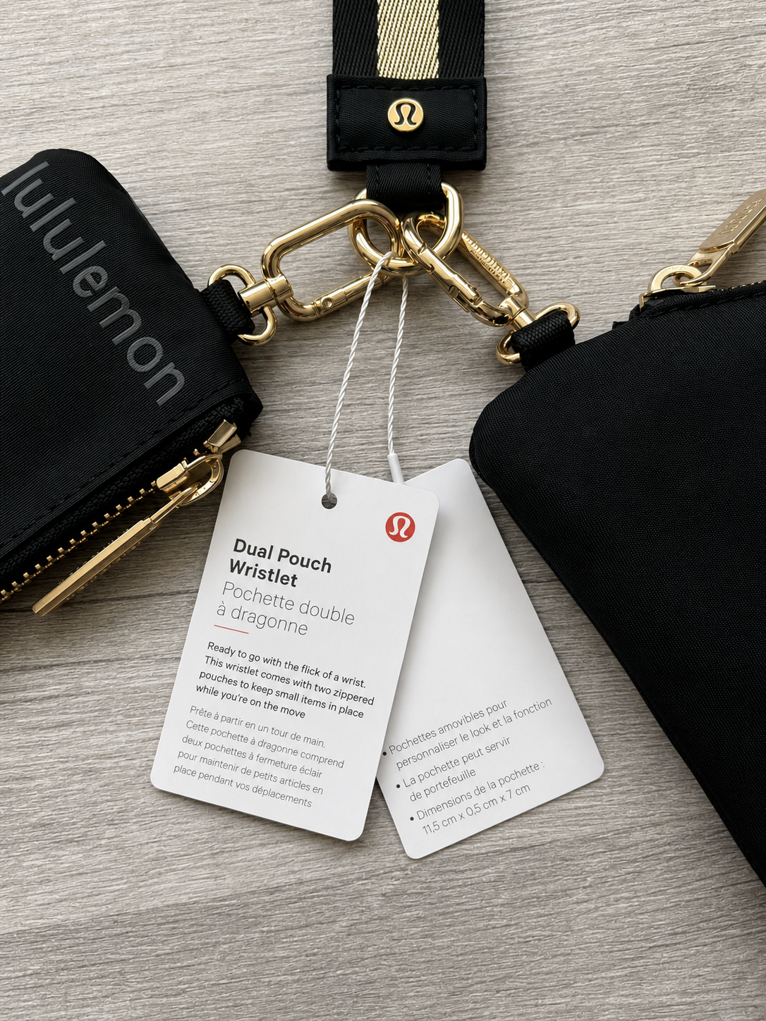 Lululemon Dual Pouch Wristlet Keychain Wallet Black and Gold Wordmark New With Tags