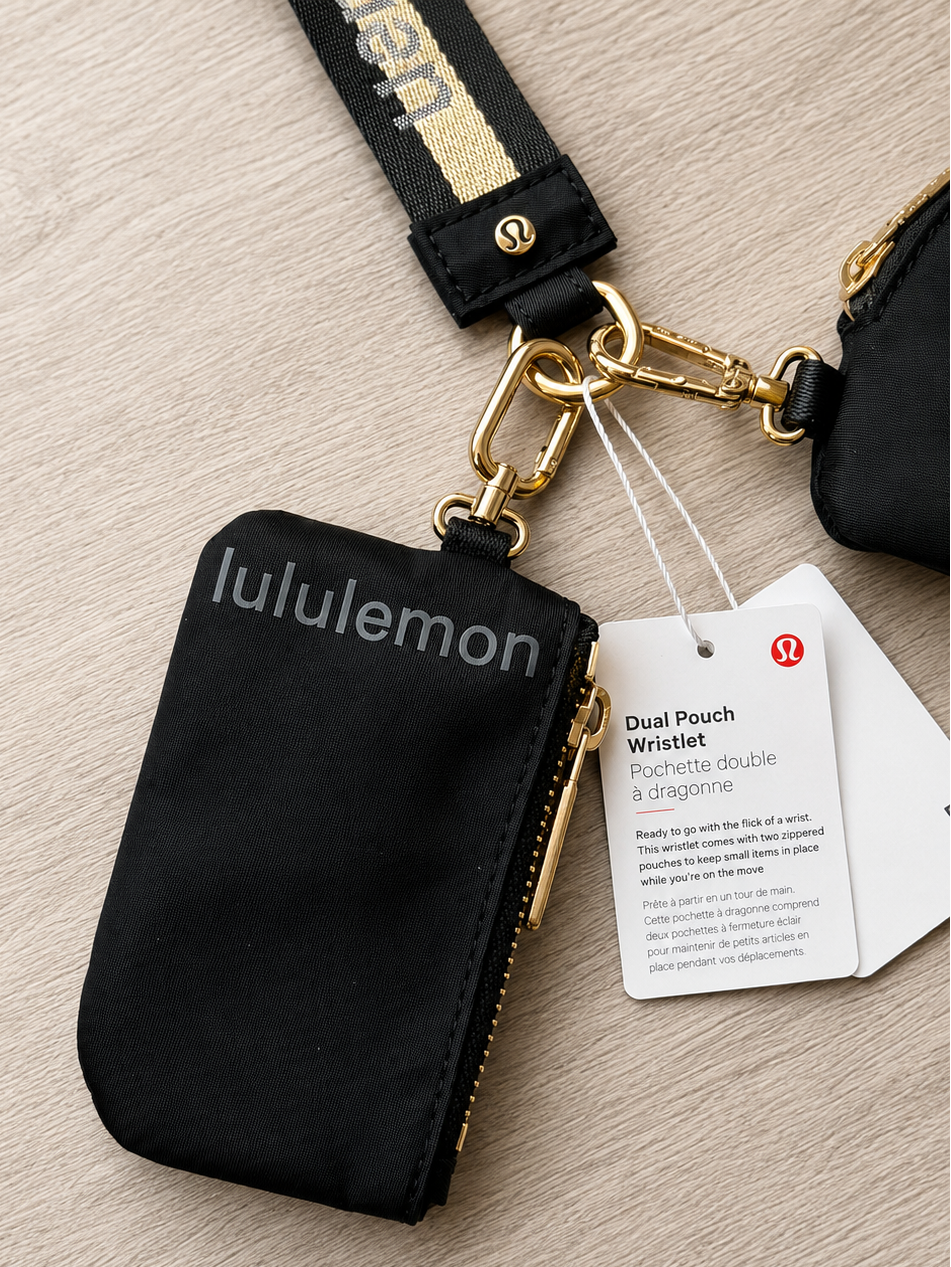 Lululemon Dual Pouch Wristlet Keychain Wallet Black and Gold Wordmark New With Tags