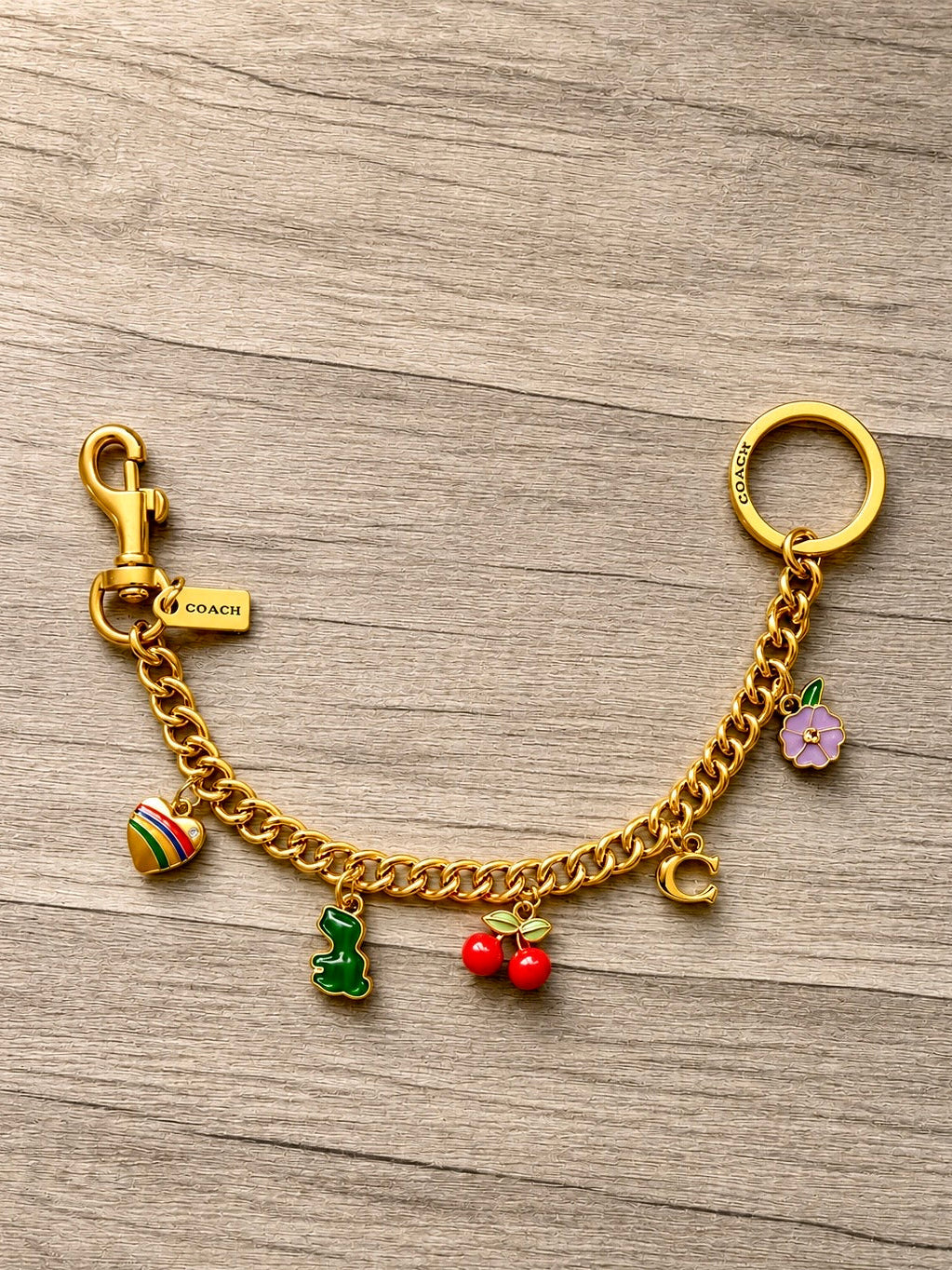 Coach Motif Chain Bag Charm Rexy Tea Rose Cherries Heart Brass Gold Brand New