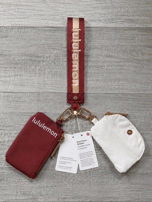 Lululemon Dual Pouch Wristlet Red and White Gold Wordmark New With Tags