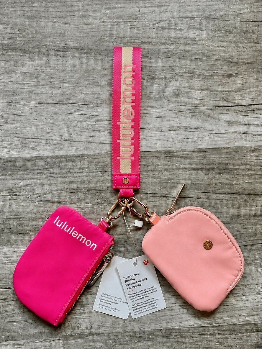 Lululemon Dual Pouch Wristlet Pink and Gold Wordmark New With Tags