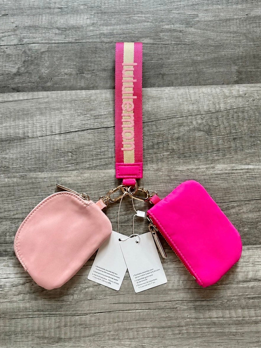 Lululemon Dual Pouch Wristlet Pink and Gold Wordmark New With Tags