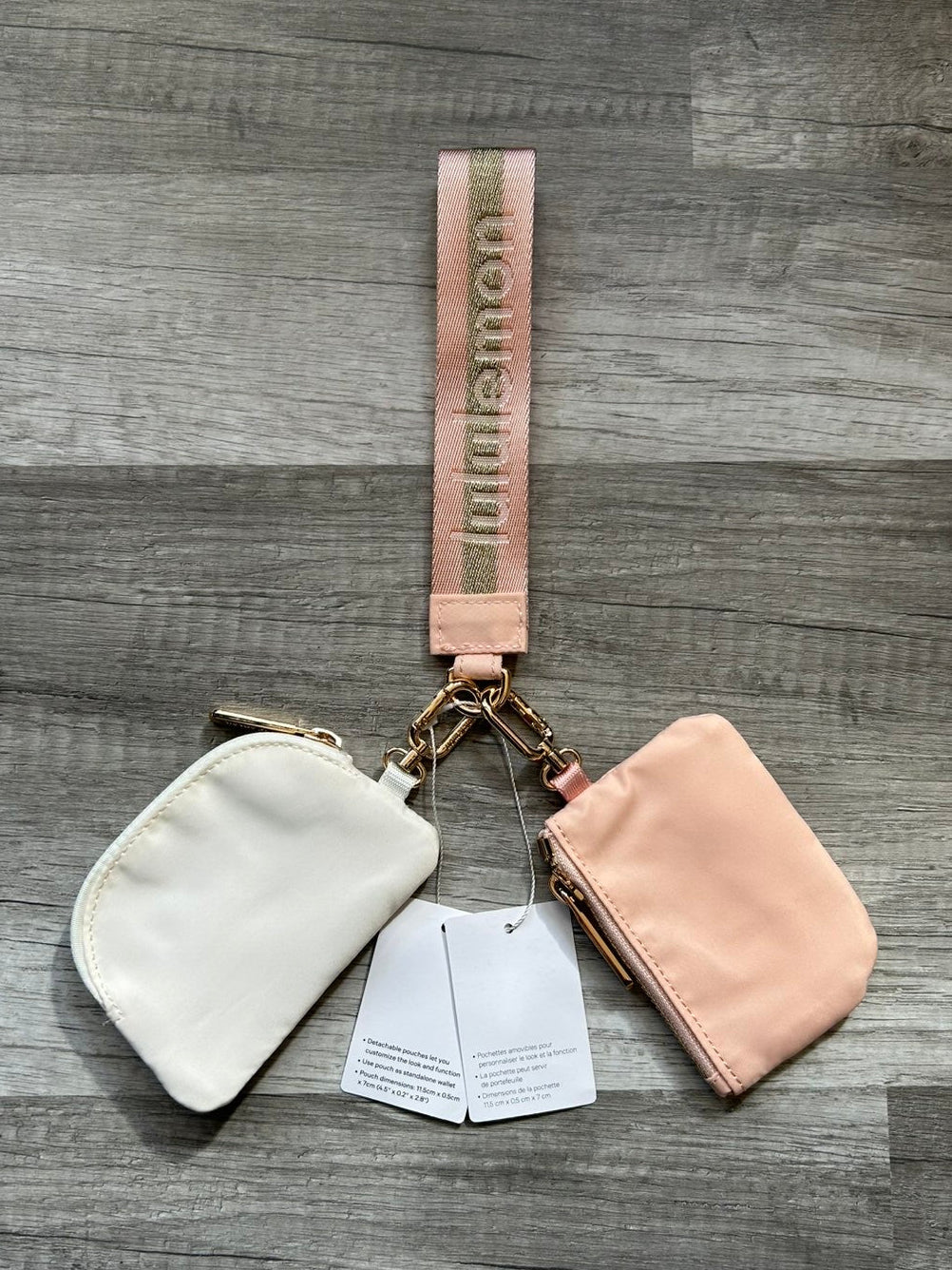 Lululemon Dual Pouch Wristlet Pink and White Gold Wordmark New With Tags