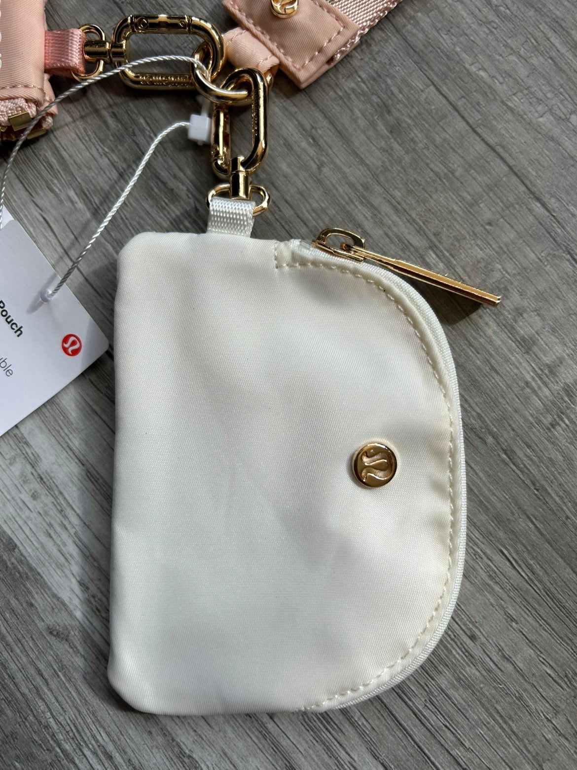 Lululemon Dual Pouch Wristlet Pink and White Gold Wordmark New With Tags