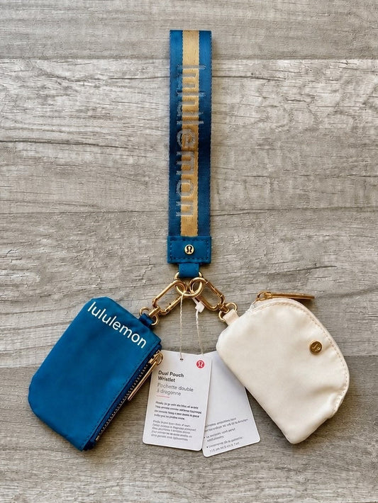 Lululemon Dual Pouch Wristlet Blue and White Gold Wordmark New With Tags