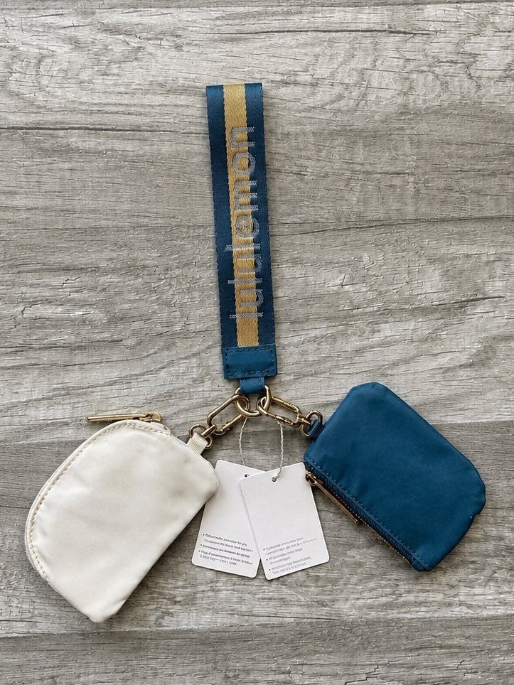 Lululemon Dual Pouch Wristlet Blue and White Gold Wordmark New With Tags