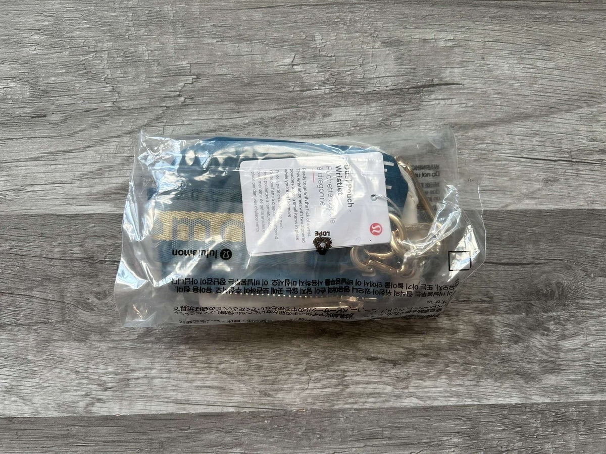 Lululemon Dual Pouch Wristlet Blue and White Gold Wordmark New With Tags