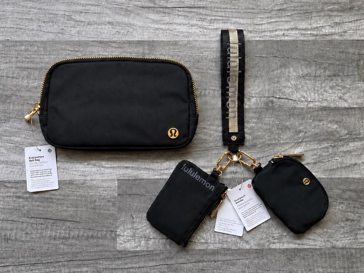 Lululemon Bundle Belt Bag and Dual Pouch Wristlet Keychain Wallet Black and Gold Wordmark New With Tags