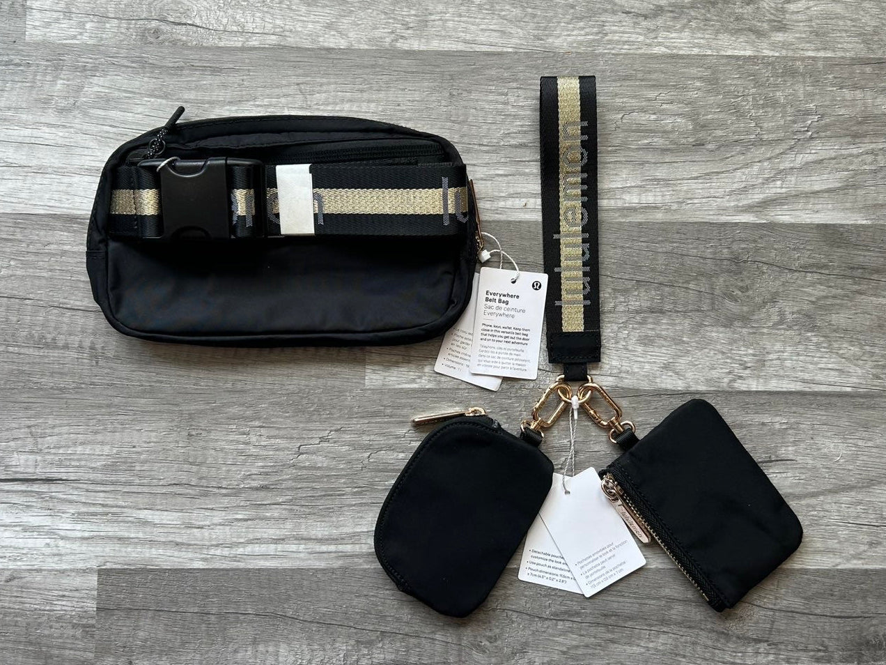Lululemon Bundle Belt Bag and Dual Pouch Wristlet Keychain Wallet Black and Gold Wordmark New With Tags