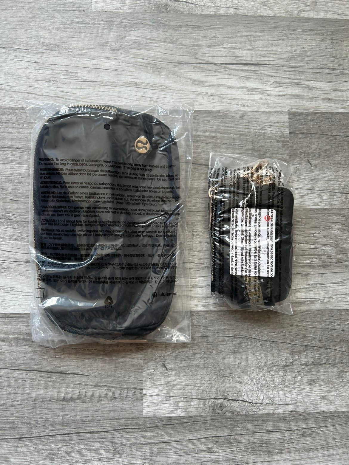 Lululemon Bundle Belt Bag and Dual Pouch Wristlet Keychain Wallet Black and Gold Wordmark New With Tags