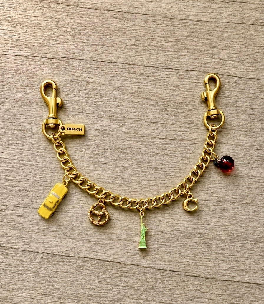 Coach New York Motif Chain Bag Charm Cab Pretzel Liberty Apple Brass Gold Brand New