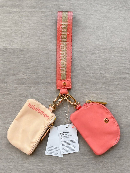 Lululemon Dual Pouch Wristlet Coral Pink Wordmark New With Tags