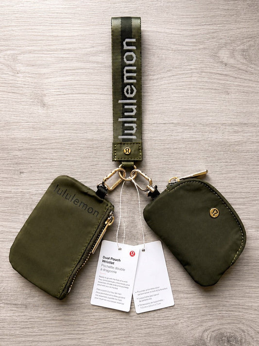 Lululemon Dual Pouch Wristlet Olive Green Wordmark New With Tags