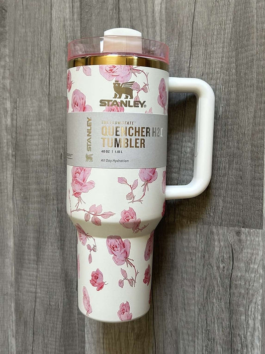 Love Shack Fancy Stanley Tumbler 40oz Quencher H2.0 Ribbon Rosa Pink and White