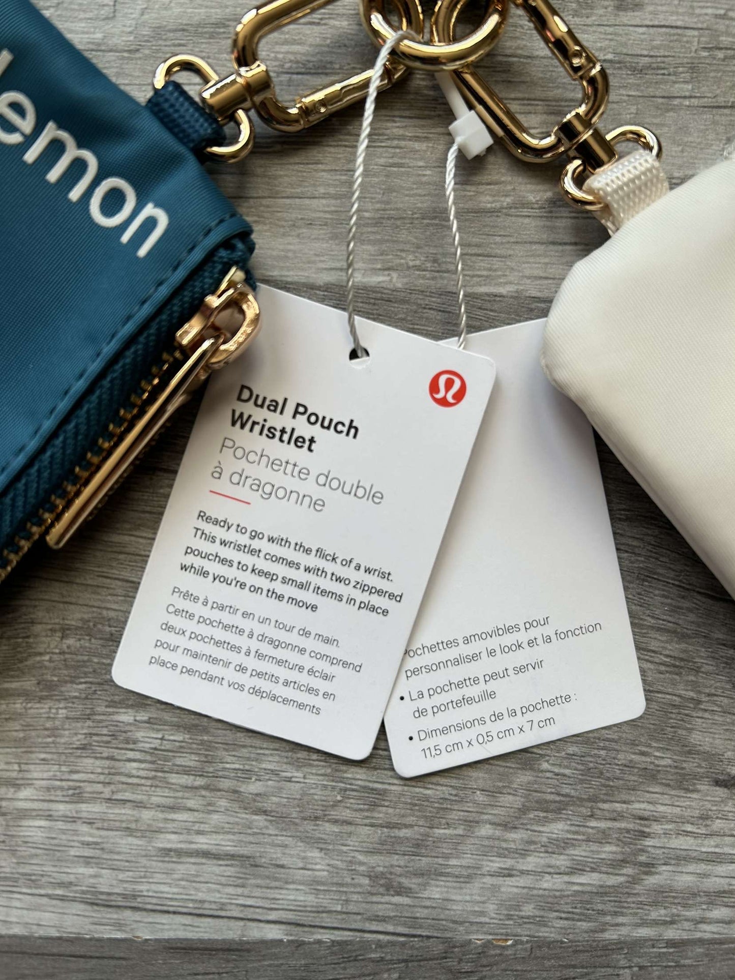 Lululemon Dual Pouch Wristlet Blue and White Gold Wordmark New With Tags
