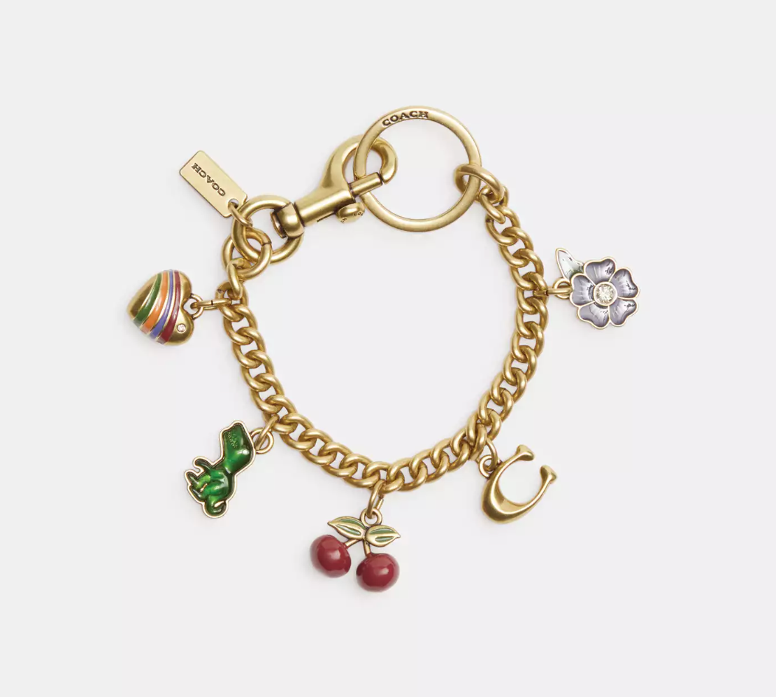 Coach Motif Chain Bag Charm Rexy Tea Rose Cherries Heart Brass Gold Brand New