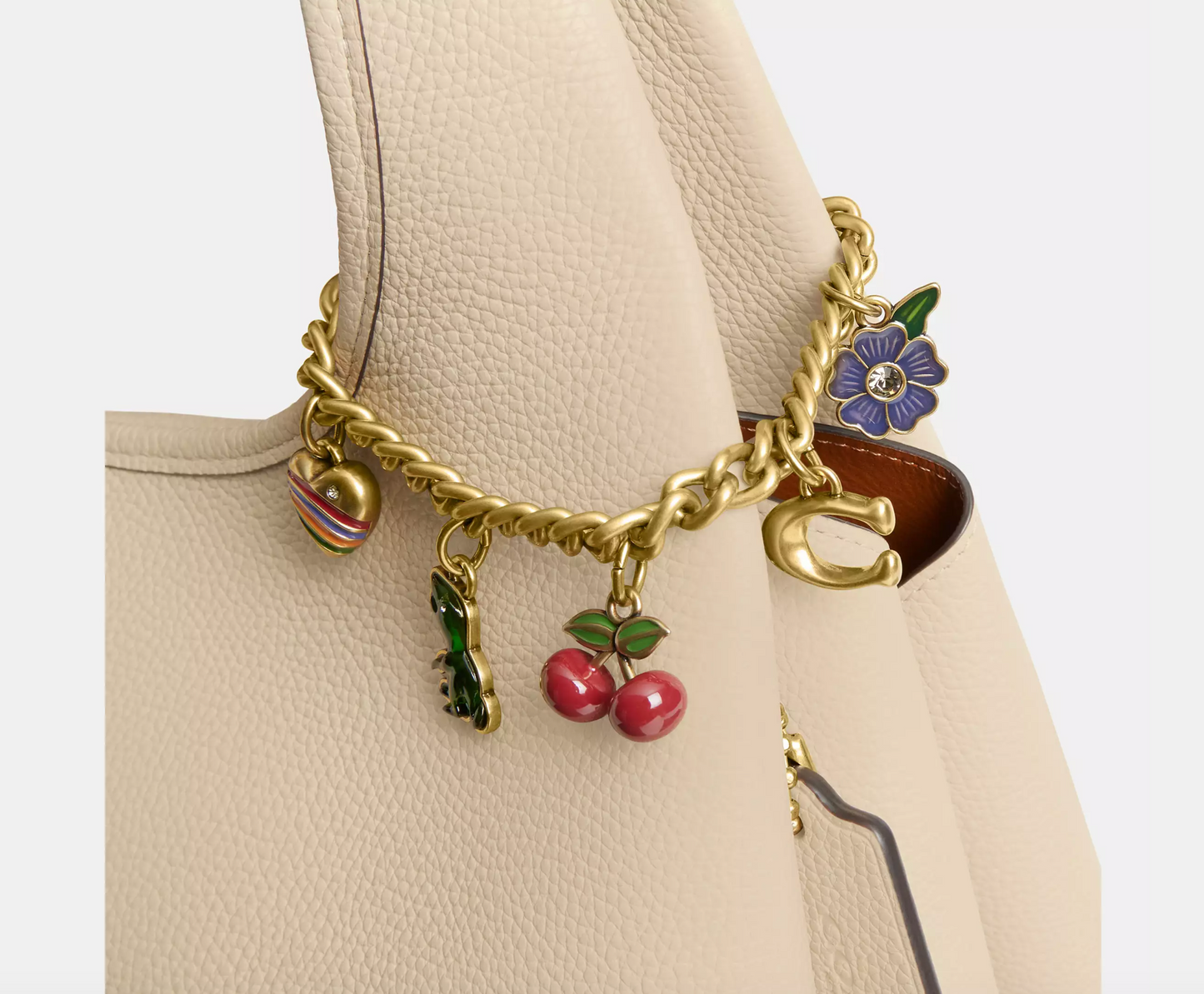 Coach Motif Chain Bag Charm Rexy Tea Rose Cherries Heart Brass Gold Brand New