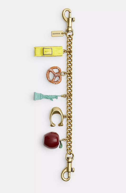 Coach New York Motif Chain Bag Charm Cab Pretzel Liberty Apple Brass Gold Brand New
