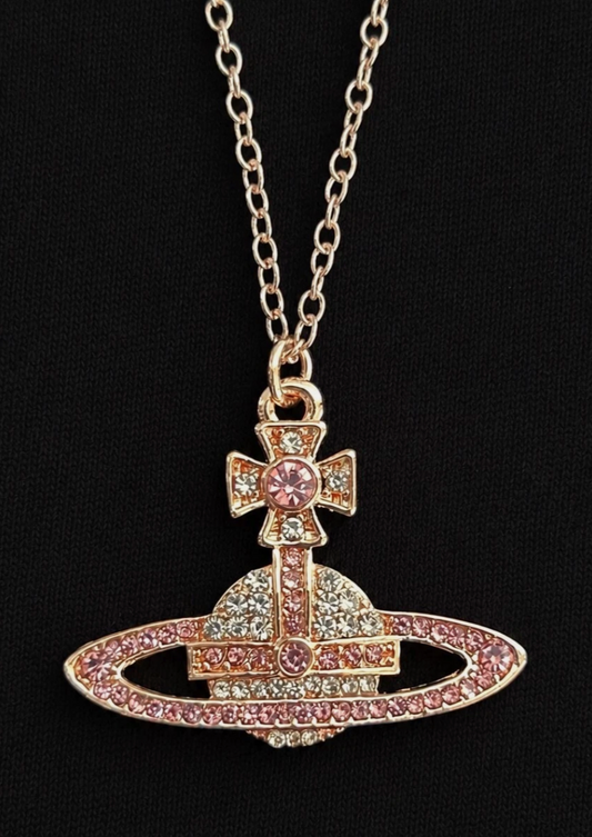 Vivienne Westwood Necklace Pink and Gold Bas Relief Crystal Orb