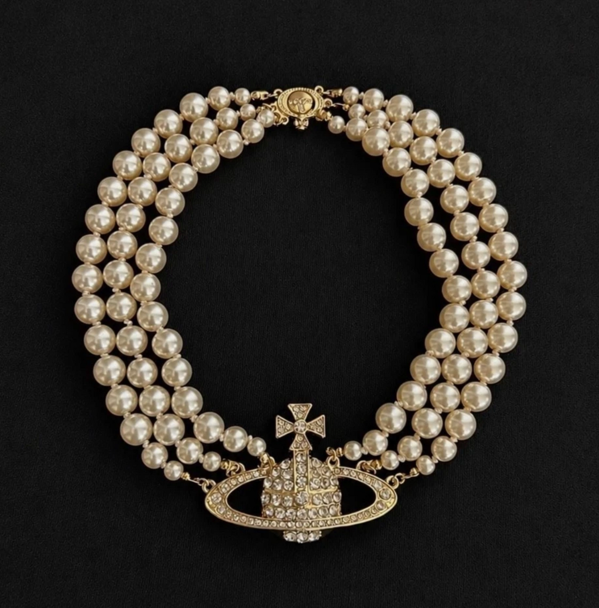 Vivienne Westwood Triple Choker Necklace Gold Pearl Crystal Orb
