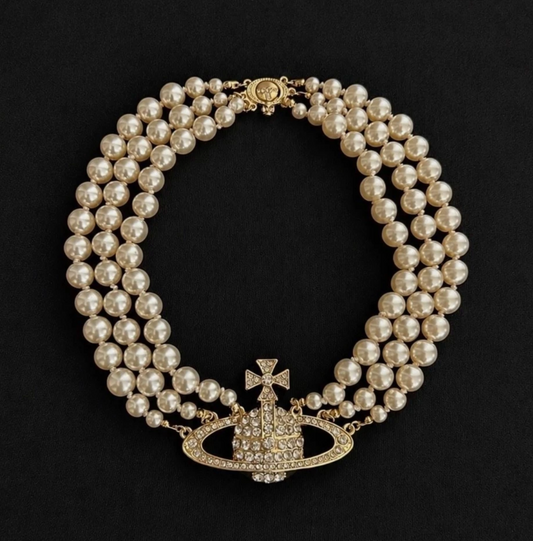 Vivienne Westwood Triple Choker Necklace Gold Pearl Crystal Orb
