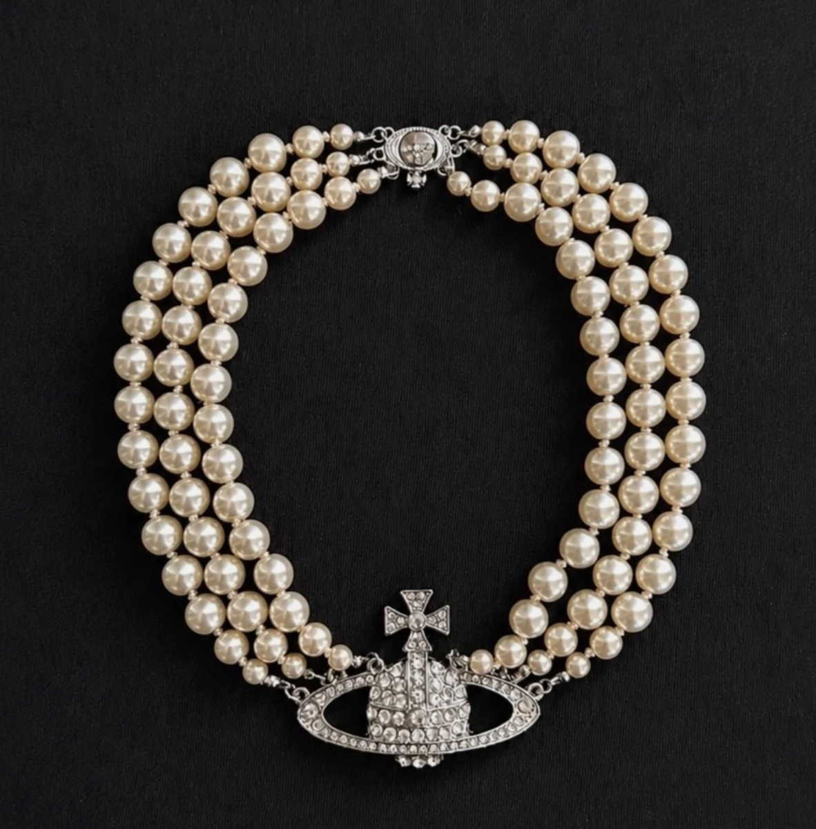Vivienne Westwood Triple Choker Necklace Silver Pearl Crystal Orb