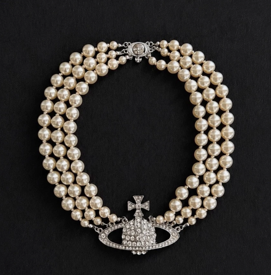 Vivienne Westwood Triple Choker Necklace Silver Pearl Crystal Orb