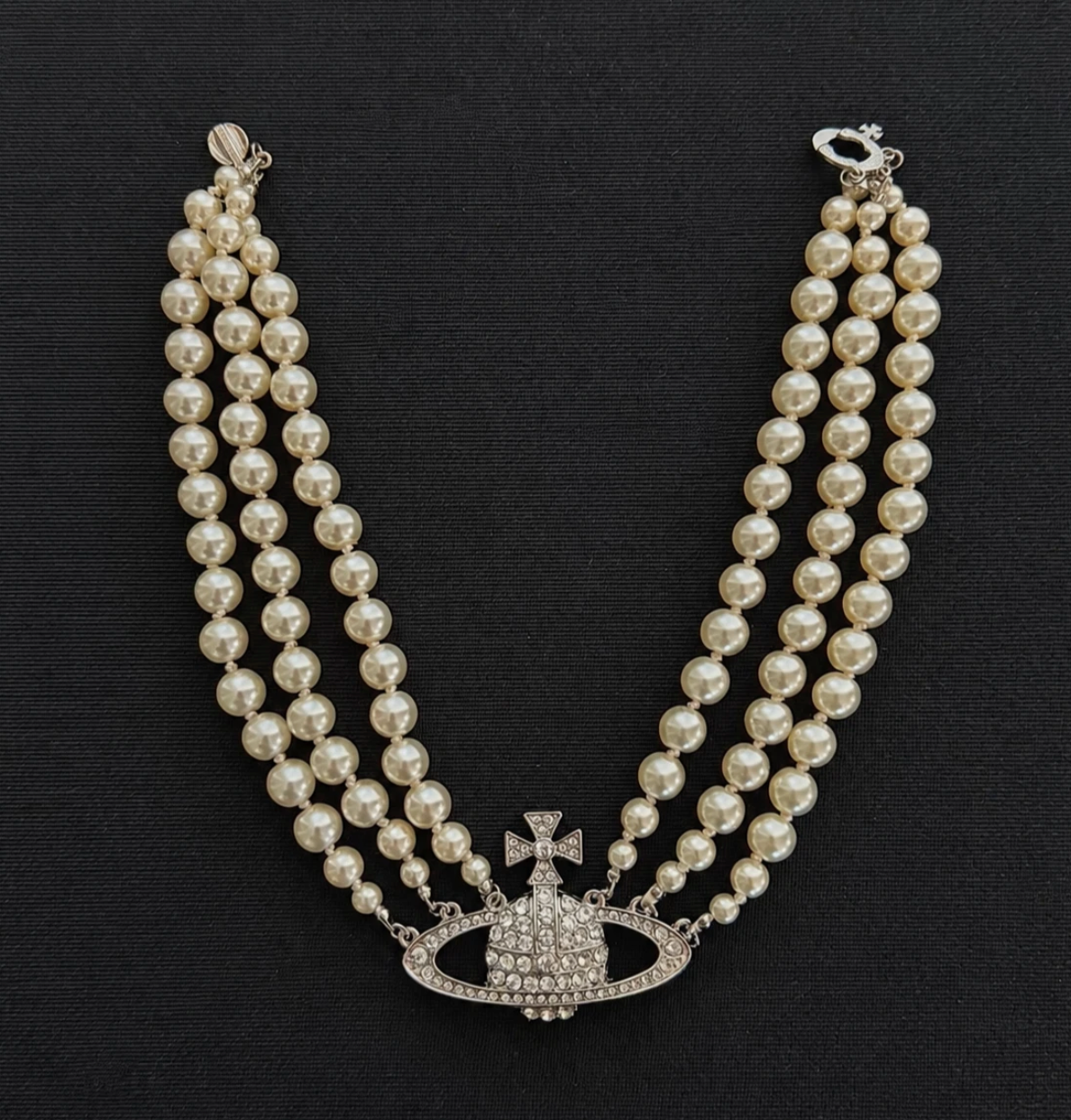 Vivienne Westwood Triple Choker Necklace Silver Pearl Crystal Orb
