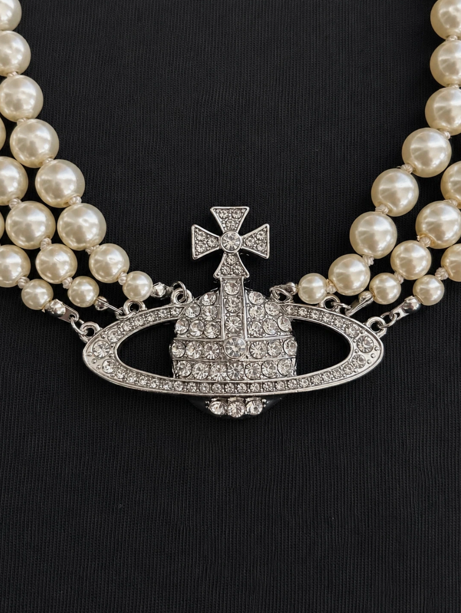 Vivienne Westwood Triple Choker Necklace Silver Pearl Crystal Orb