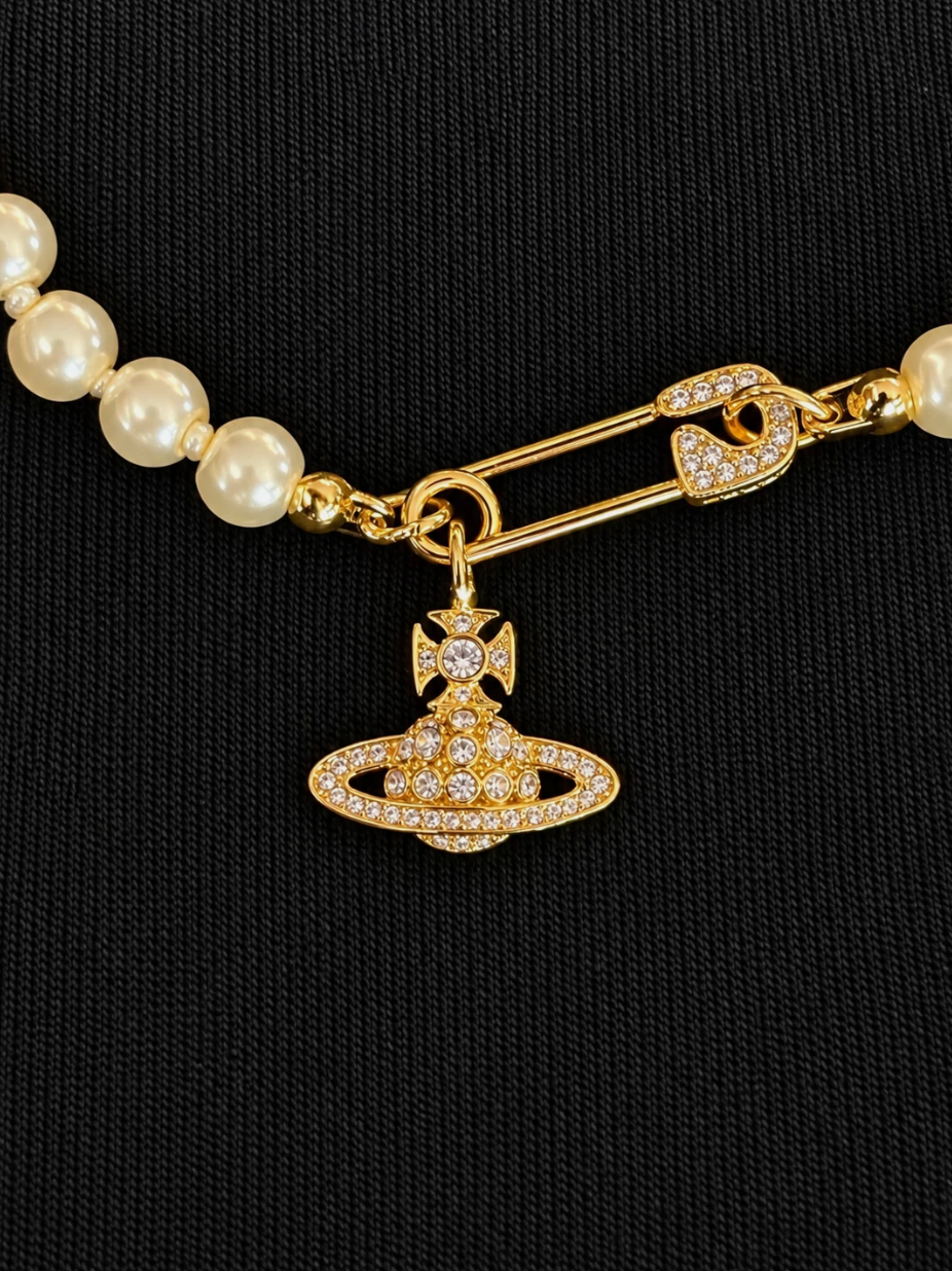 Vivienne Westwood Safety Pin Choker Gold Pearl Crystal Orb