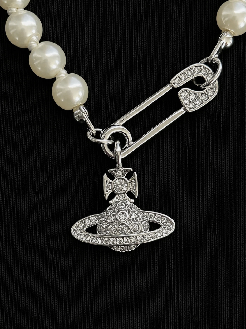 Vivienne Westwood Safety Pin Choker Silver Pearl Crystal Orb